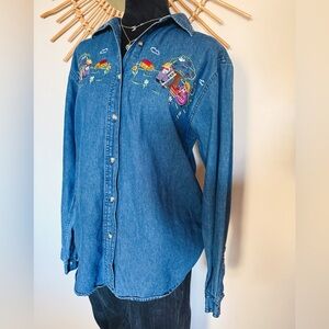 Vintage Denim Top with Apple Picking Embroidery